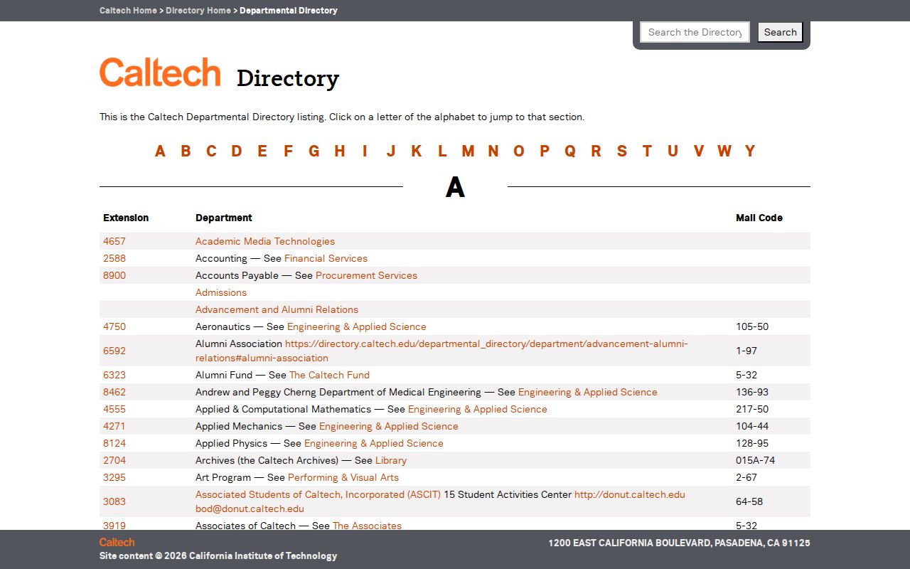Pasadena people directories view of the Caltech departmental directory search and browse page