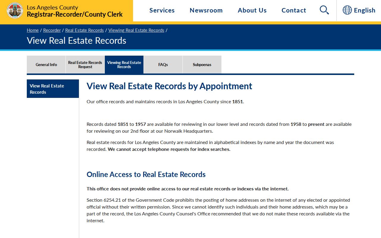 Pasadena public records page for LA County in-person real-estate record viewing
