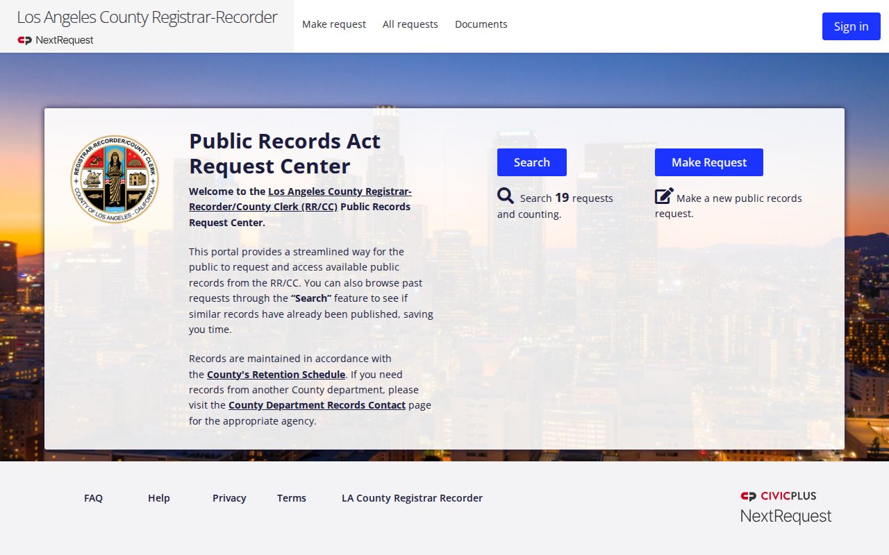 Pasadena public records request access through the LA County RRCC portal